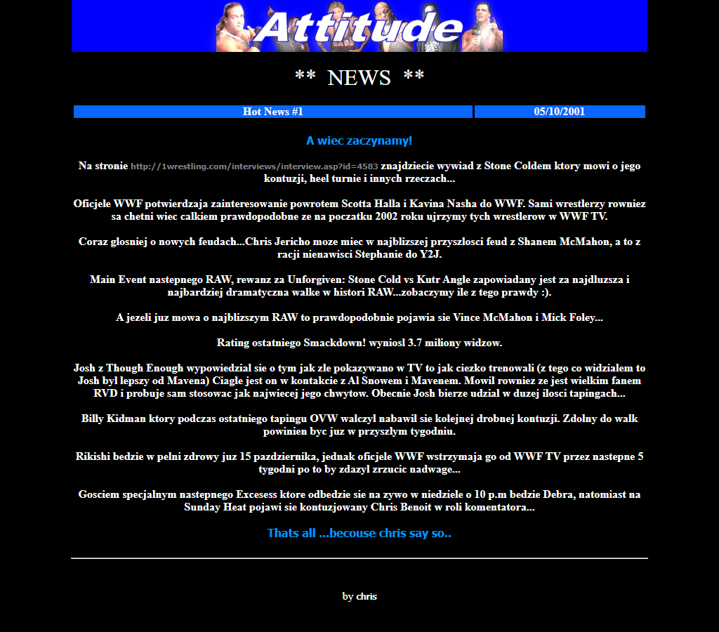Pierwszy news Attitude – Hot News #1 z 5 października 2001 roku